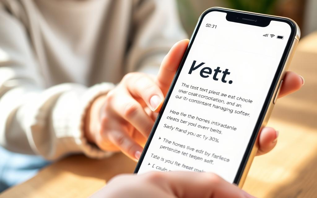 A close-up view of a smartphone screen displaying large, high-contrast text with softer whites, making it easy to read. The foreground is the smartphone, with clear visibility of the text settings on the display, emphasizing larger fonts against a calming, light background. The middle ground showcases a subtle reflection of a hand gently holding the phone, dressed in modest casual attire. The background is softly blurred to keep the focus on the phone while hinting at a cozy home environment, possibly a table with soft wood textures. Natural lighting illuminates the scene, creating a warm, inviting atmosphere, ideal for users over 50 embracing technology with ease.