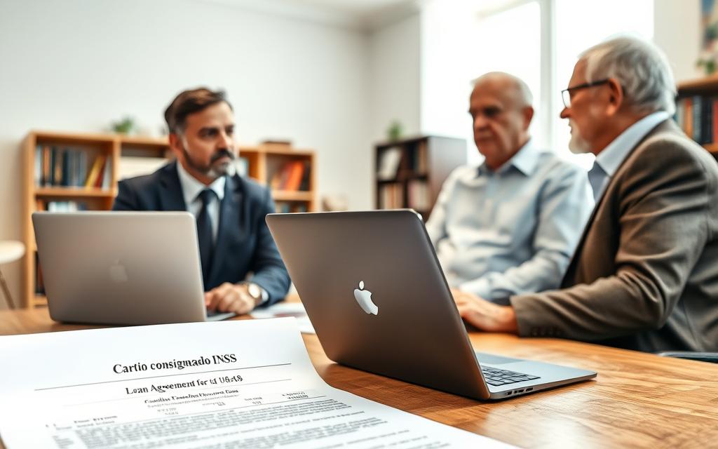 A focused scene depicting a financial advisor in professional business attire, sitting across from an elderly couple in modest casual clothing, engaged in a discussion about a "Cartão consignado INSS" and a consolidated loan. The advisor has a laptop open on the table, displaying financial information. In the foreground, there's a close-up of the loan agreement, highlighting the unique features of the "margem única." In the middle background, a warm and inviting office setting with bookshelves filled with financial books and a window letting in soft, natural light contributes to a professional atmosphere. The overall mood is one of hope and careful planning as they discuss financial options after the age of 60. The angle captures both the advisor and the couple, emphasizing engagement and trust. A focused scene depicting a financial advisor in professional business attire, sitting across from an elderly couple in modest casual clothing, engaged in a discussion about a "Cartão consignado INSS" and a consolidated loan. The advisor has a laptop open on the table, displaying financial information. In the foreground, there's a close-up of the loan agreement, highlighting the unique features of the "margem única." In the middle background, a warm and inviting office setting with bookshelves filled with financial books and a window letting in soft, natural light contributes to a professional atmosphere. The overall mood is one of hope and careful planning as they discuss financial options after the age of 60. The angle captures both the advisor and the couple, emphasizing engagement and trust.