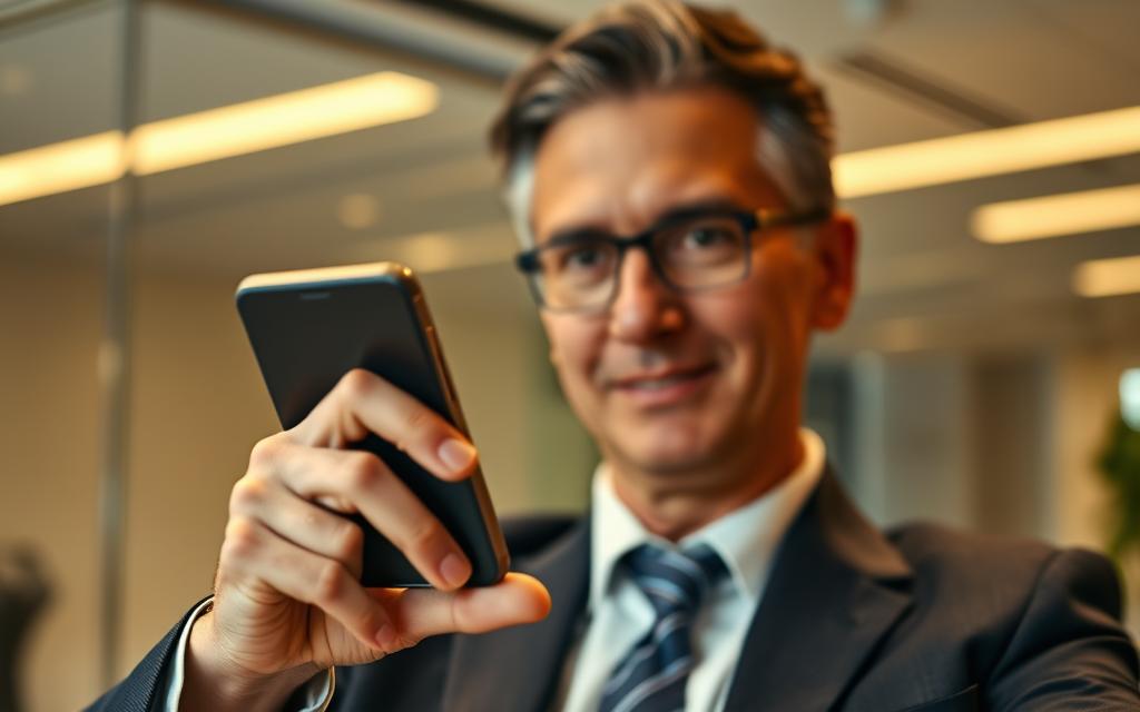 A focused view of a person using a smartphone with the gov.br application open, highlighting the facial recognition feature. In the foreground, the individual, a middle-aged Brazilian citizen dressed in professional business attire, appears engaged and attentive as they align their face within the app’s interface. In the middle, the smartphone screen displays a clear, vibrant interface, emphasizing the facial recognition process. The background features a modern office setting, softly blurred to maintain focus on the subject. Warm lighting creates a professional and friendly atmosphere, enhancing the mood of technological advancement in public services. The angle captures the user’s expression of concentration, showcasing the importance of digital identity verification.