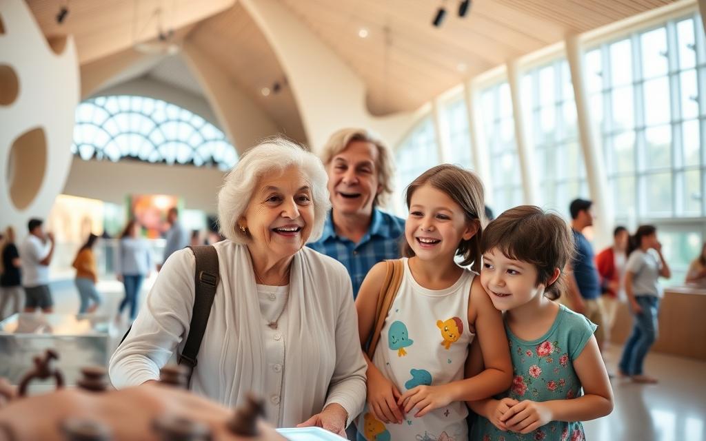 A joyful multigenerational family visiting the Catavento Cultural Center in São Paulo during their vacation. In the foreground, a grandmother and her two grandchildren are engaged in an interactive science exhibit, with expressions of wonder and excitement. The grandmother is wearing light, modest attire, while the grandchildren are in colorful, casual clothing. In the middle ground, other visitors can be seen exploring various exhibits, showcasing the museum's vibrant and educational atmosphere. The background features the iconic architecture of the museum, with bright, natural light streaming through large windows, creating an inviting and inspiring ambiance. The scene captures a sense of exploration, learning, and family bonding, highlighting the joy of spending meaningful time together. A joyful multigenerational family visiting the Catavento Cultural Center in São Paulo during their vacation. In the foreground, a grandmother and her two grandchildren are engaged in an interactive science exhibit, with expressions of wonder and excitement. The grandmother is wearing light, modest attire, while the grandchildren are in colorful, casual clothing. In the middle ground, other visitors can be seen exploring various exhibits, showcasing the museum's vibrant and educational atmosphere. The background features the iconic architecture of the museum, with bright, natural light streaming through large windows, creating an inviting and inspiring ambiance. The scene captures a sense of exploration, learning, and family bonding, highlighting the joy of spending meaningful time together.