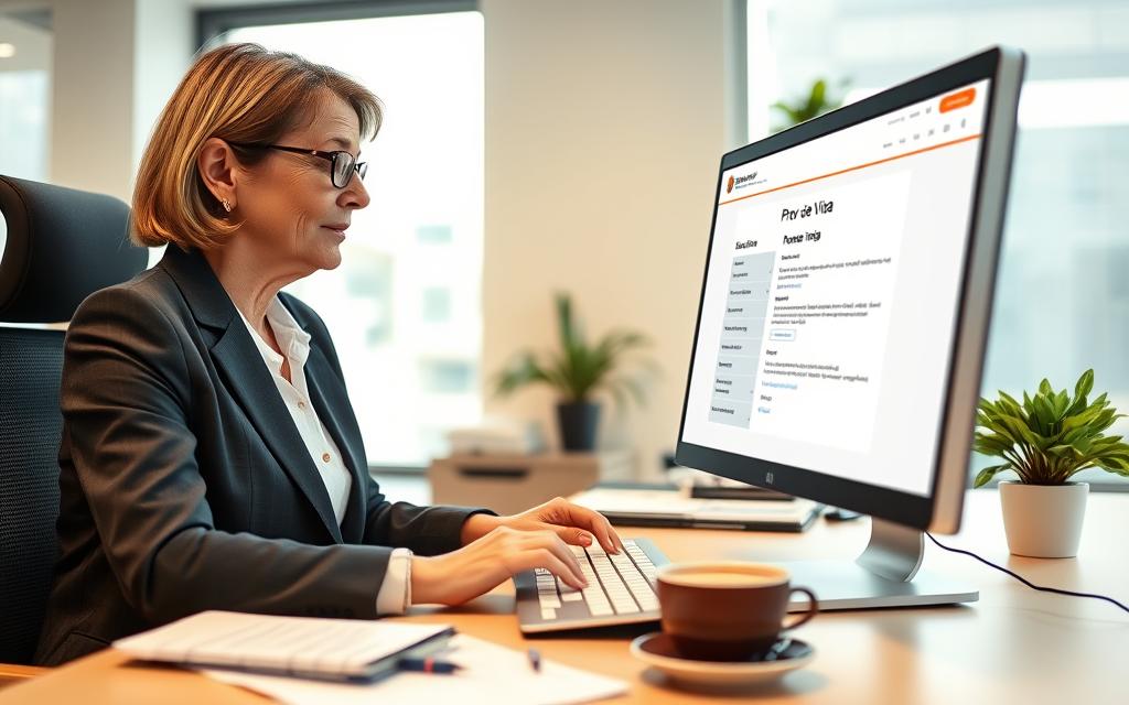 A middle-aged woman sitting at a desk in a modern office environment, engaging with a computer to access the "Prova de Vida" service on the Meu INSS website. She is dressed in professional business attire, with a focused expression as she navigates the site. The foreground features her hands on the keyboard, with the screen visible but legible information blurred out for privacy. The middle ground shows an organized workspace with paperwork, a cup of coffee, and a potted plant. The background includes a window with soft, natural light illuminating the scene, creating a calm and professional atmosphere. The image is taken from a slightly elevated angle, capturing both the woman’s determination and the tech-savvy nature of the service.