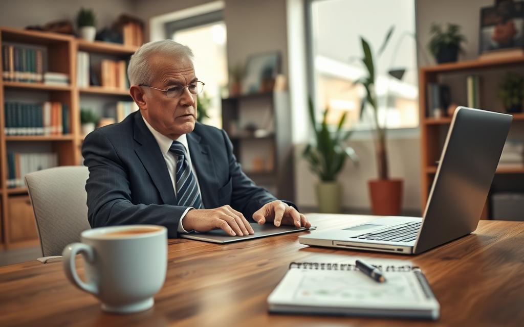 An elderly man, dressed in professional business attire, sits at a wooden desk examining a laptop screen displaying graphs and numbers related to CET (Cost of Effective Total) for a pensioner’s payroll loan. His expression is focused and contemplative, symbolizing careful consideration. In the foreground, a cup of coffee and a notepad with scribbled notes rest on the desk. The middle background has a modern office setup with bookshelves filled with financial guides and plants for a touch of warmth. Sunlight streams in through a window, creating a warm atmosphere, enhancing the sense of professionalism and trust. The image should have a soft focus to evoke a sense of calm and clarity in decision-making. An elderly man, dressed in professional business attire, sits at a wooden desk examining a laptop screen displaying graphs and numbers related to CET (Cost of Effective Total) for a pensioner’s payroll loan. His expression is focused and contemplative, symbolizing careful consideration. In the foreground, a cup of coffee and a notepad with scribbled notes rest on the desk. The middle background has a modern office setup with bookshelves filled with financial guides and plants for a touch of warmth. Sunlight streams in through a window, creating a warm atmosphere, enhancing the sense of professionalism and trust. The image should have a soft focus to evoke a sense of calm and clarity in decision-making.