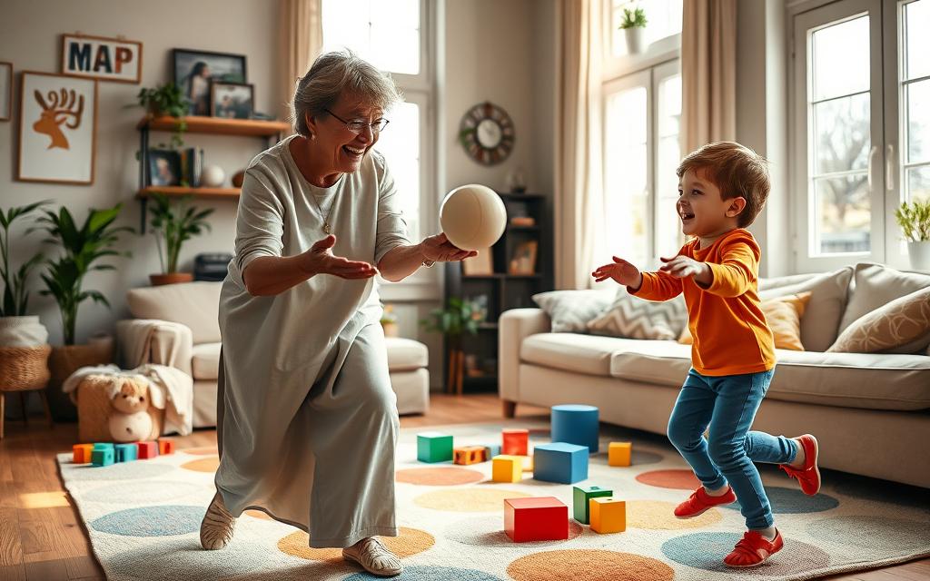 An engaging scene of a grandmother and her grandson playing movement games in a cozy living room. In the foreground, the grandmother, wearing comfortable, modest casual clothing, is laughing joyfully as she plays a game of catch with a soft ball. The grandson, around 6 years old, is in bright, cheerful clothing, energetically reaching out to catch the ball, his face lit up with excitement. In the middle ground, a colorful rug offers a playful space surrounded by various toys, like building blocks and stuffed animals. The background features warm, natural light streaming through large windows, casting soft shadows, with family photos and plants adorning the walls, creating a lively yet intimate atmosphere of joy and connection. The angle captures the action dynamically, emphasizing the fun and bonding moment. An engaging scene of a grandmother and her grandson playing movement games in a cozy living room. In the foreground, the grandmother, wearing comfortable, modest casual clothing, is laughing joyfully as she plays a game of catch with a soft ball. The grandson, around 6 years old, is in bright, cheerful clothing, energetically reaching out to catch the ball, his face lit up with excitement. In the middle ground, a colorful rug offers a playful space surrounded by various toys, like building blocks and stuffed animals. The background features warm, natural light streaming through large windows, casting soft shadows, with family photos and plants adorning the walls, creating a lively yet intimate atmosphere of joy and connection. The angle captures the action dynamically, emphasizing the fun and bonding moment.
