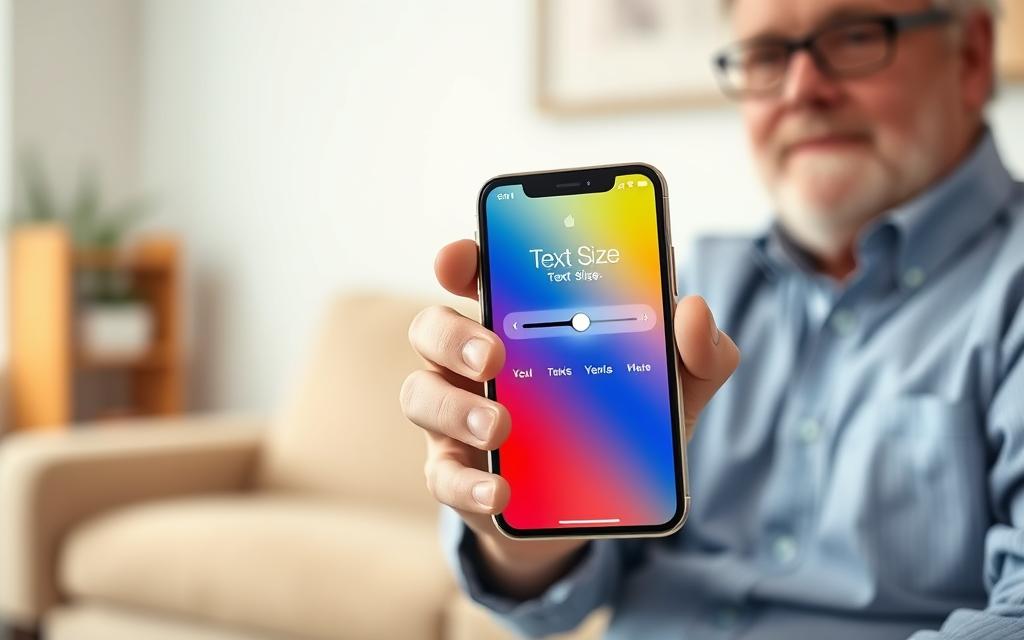 An iPhone screen displaying the "Text Size" adjustment interface, showcasing a large slider bar designated for increasing text size. The foreground features a close-up view of the iPhone held by a mature individual, comfortably dressed in smart casual clothing. The middle ground highlights the vibrant interface, with clearly visible icons and a soft glow emanating from the phone's screen to emphasize usability. The background features a cozy, well-lit living room setting, subtly blurred to keep focus on the phone while maintaining a warm atmosphere. Soft, diffused lighting creates an inviting and approachable mood. The angle captures the iPhone from a slightly elevated perspective, enhancing the interface's prominence while ensuring clarity and detail.